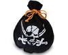 Cloth drawstring pouch with skull and swords imprint. 3" tall